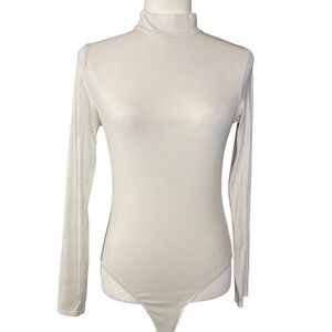 Self E Ribbed Mock Neck Long Sleeve Bodysuit White Women's Size L